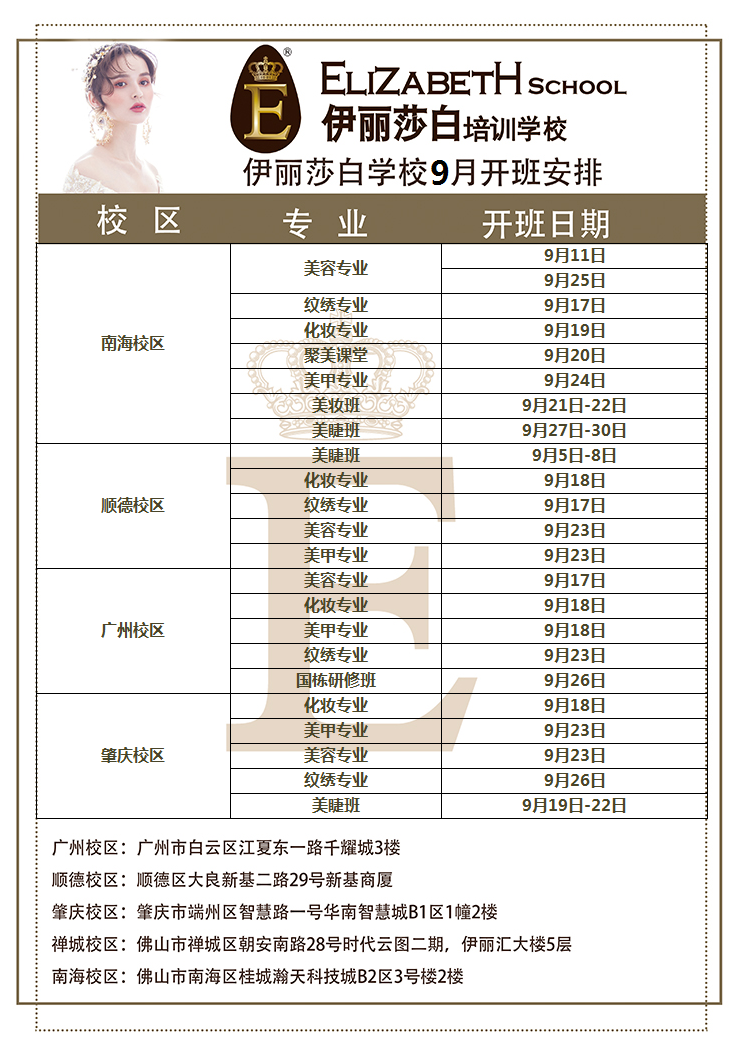 伊丽莎白培训学校9月开班时间表 各大校区，火热开班中 近期优惠活动进行中，详情咨询客服。100%包学会，学不会免费复训。